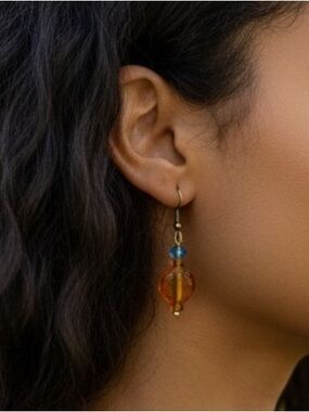Handcrafted Glass Lampwork Bead Earrings | Amber Brown And Blue Handmade